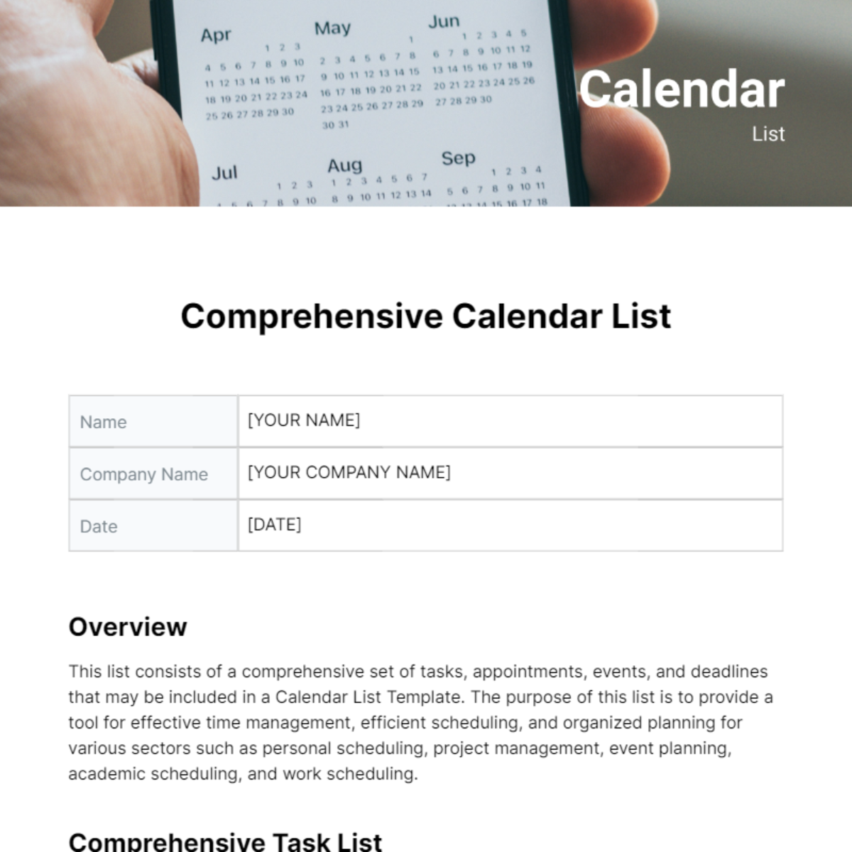 Calendar List Template