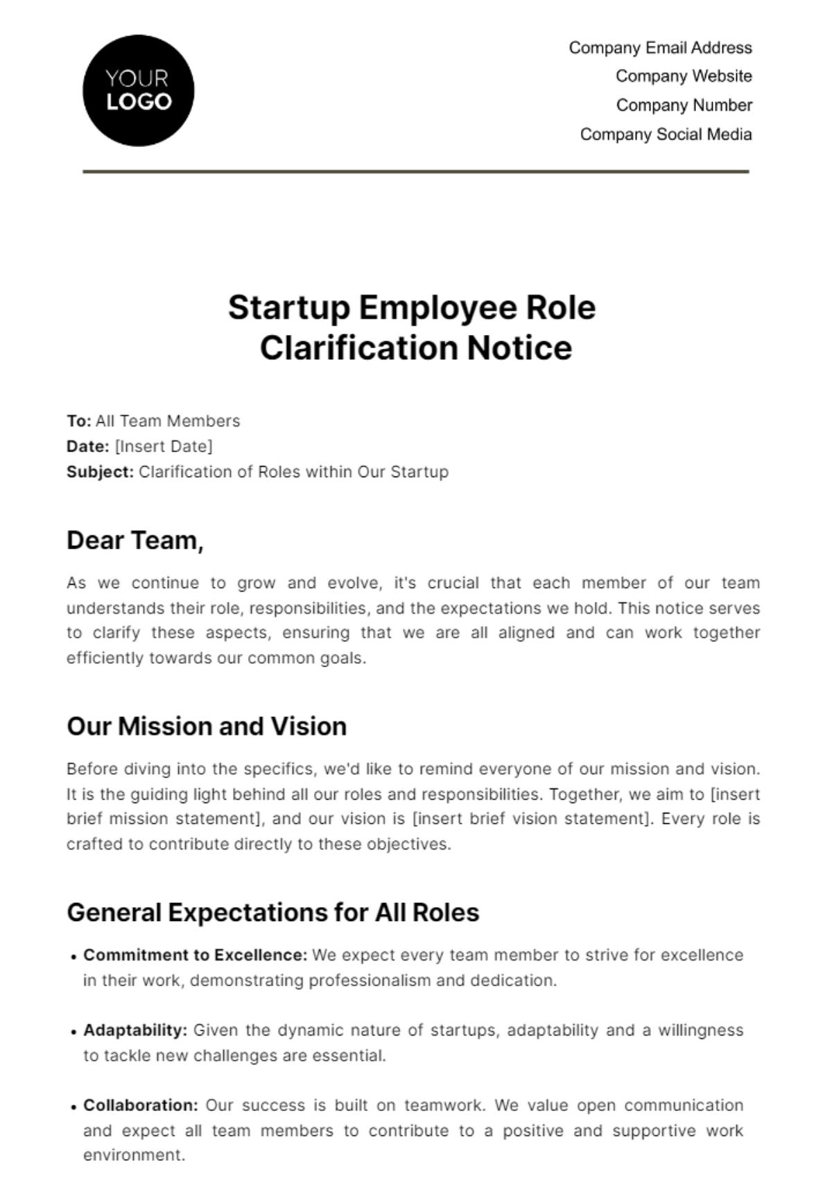 Startup Employee Role Clarification Notice Template