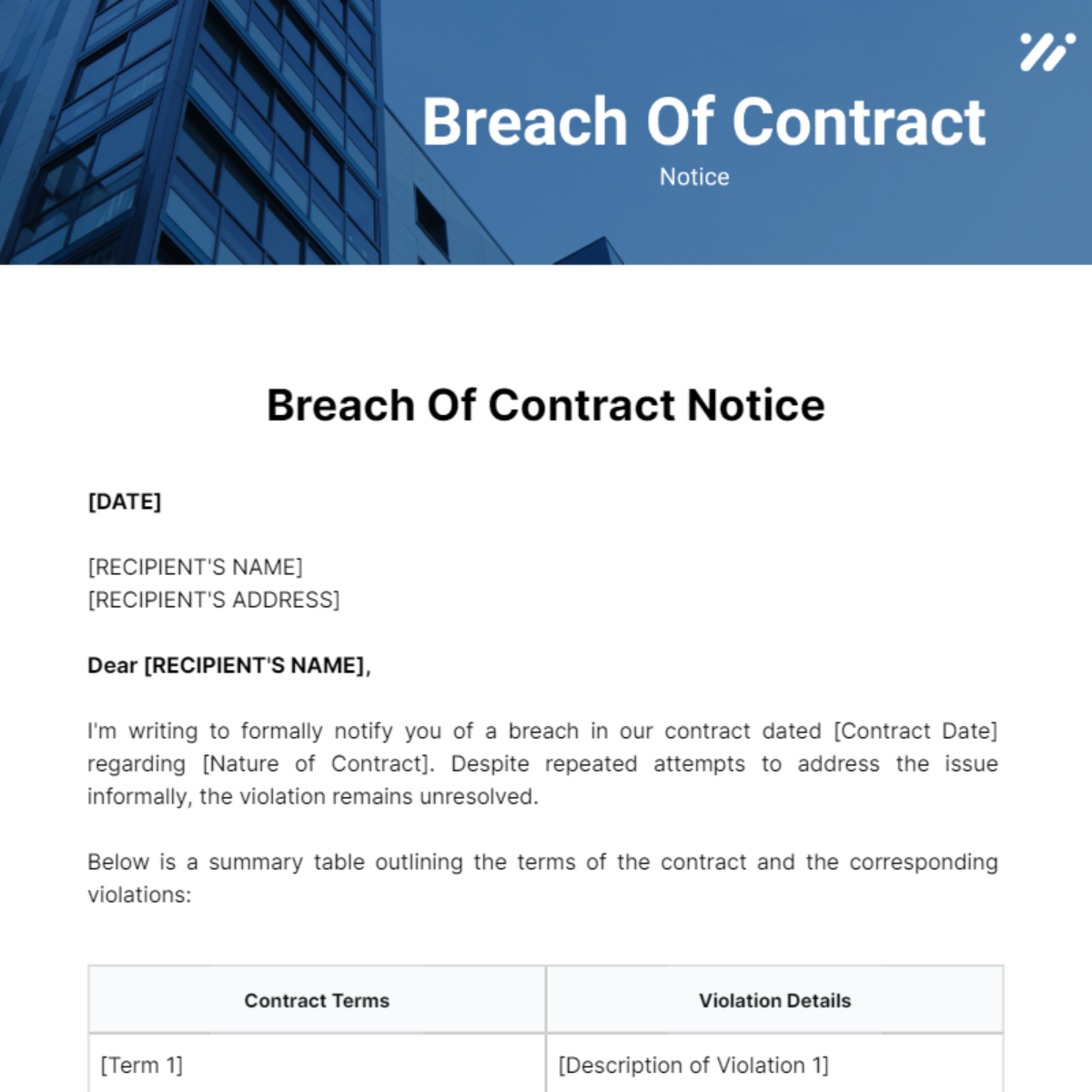 Breach Of Contract Notice Template