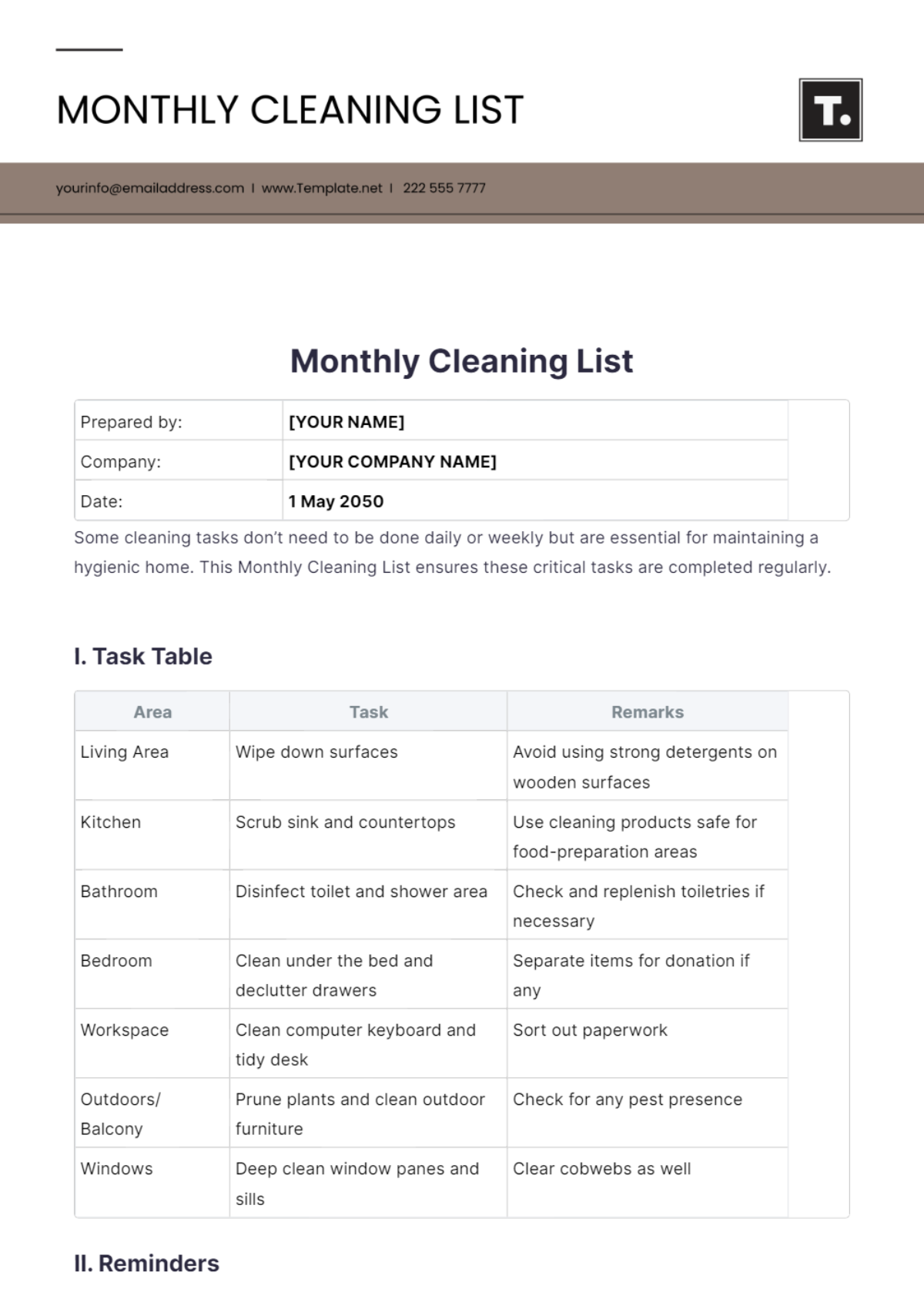 Monthly Cleaning List Template