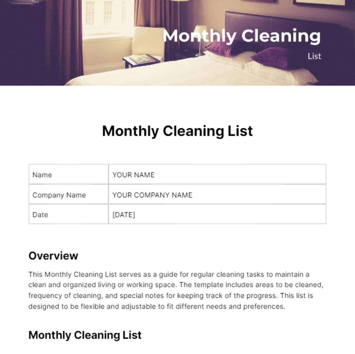 Monthly Cleaning List Template