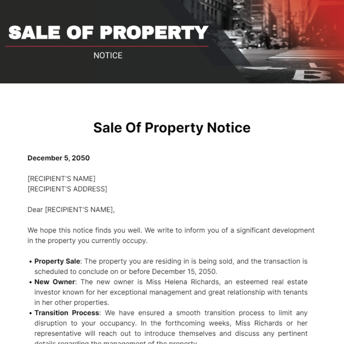 Sale Of Property Notice Template