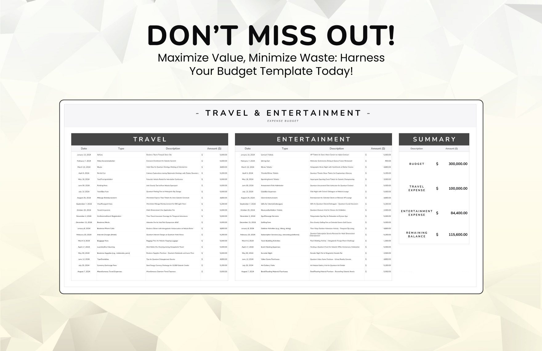 Travel and Entertainment Expense Budget Template