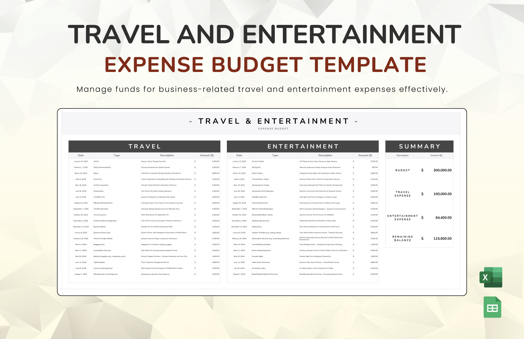 Travel and Entertainment Expense Budget Template in Excel, Google Sheets