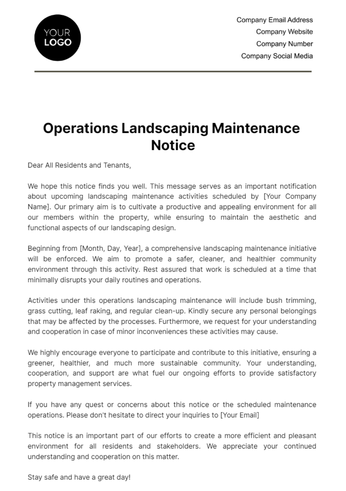 Free Operations Landscaping Maintenance Notice Template