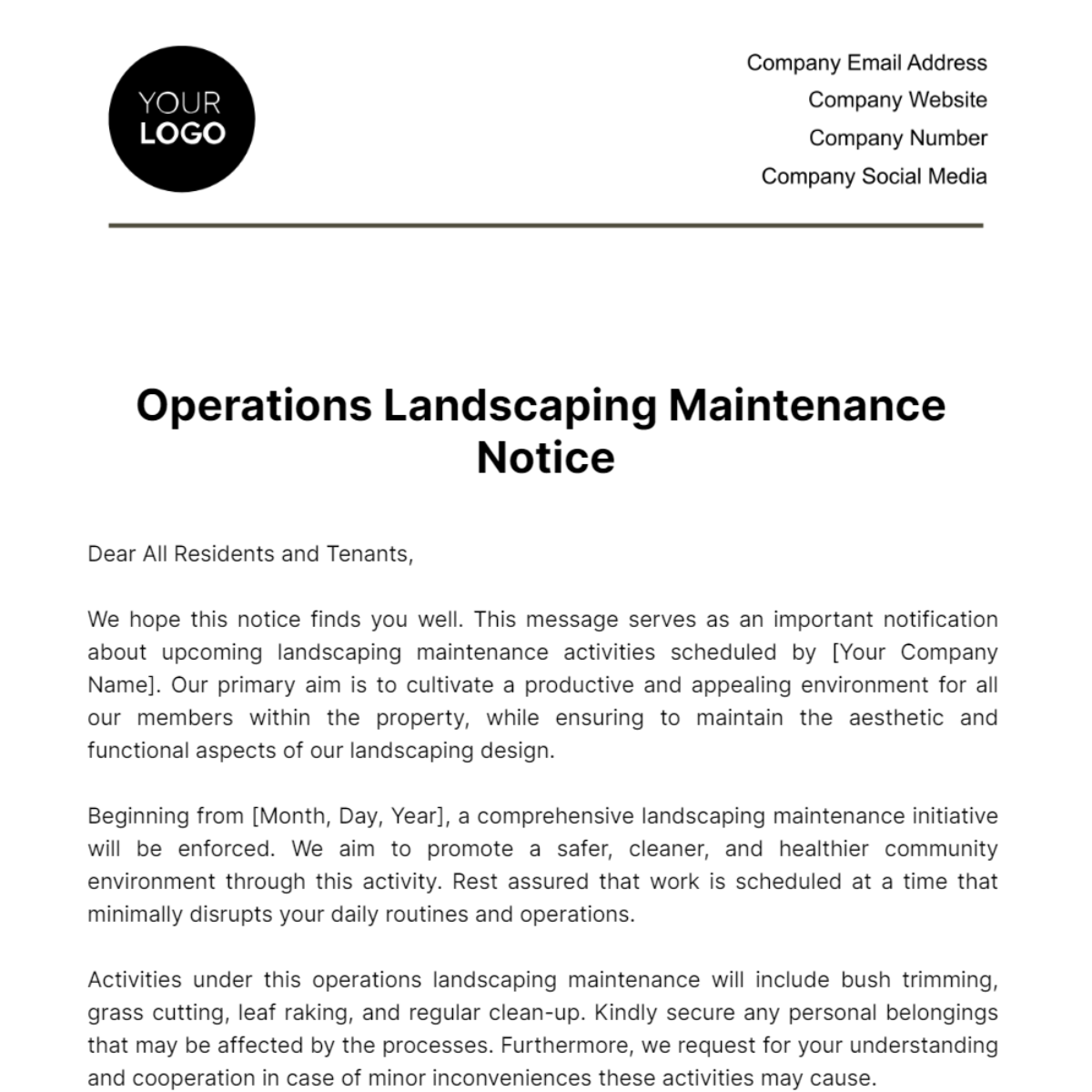 Operations Landscaping Maintenance Notice Template | Template.net