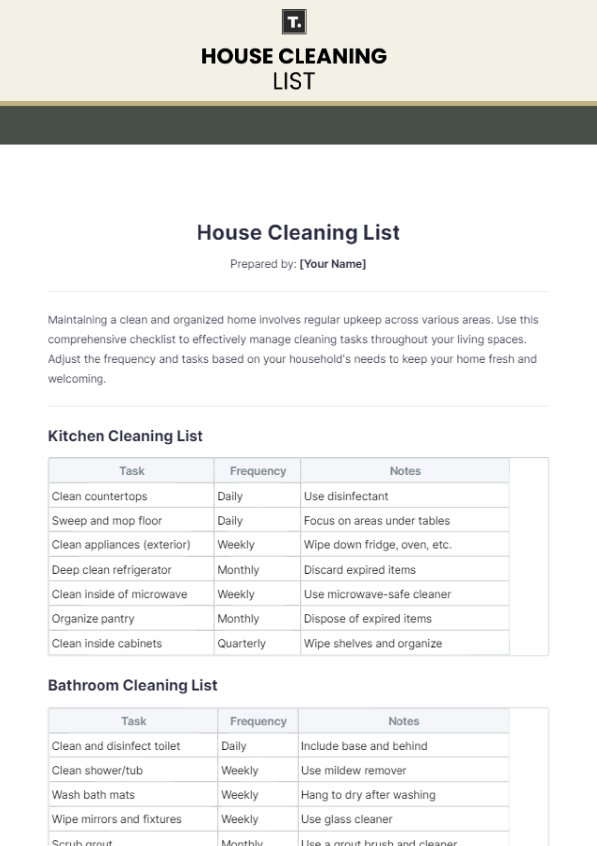 House Cleaning List Template