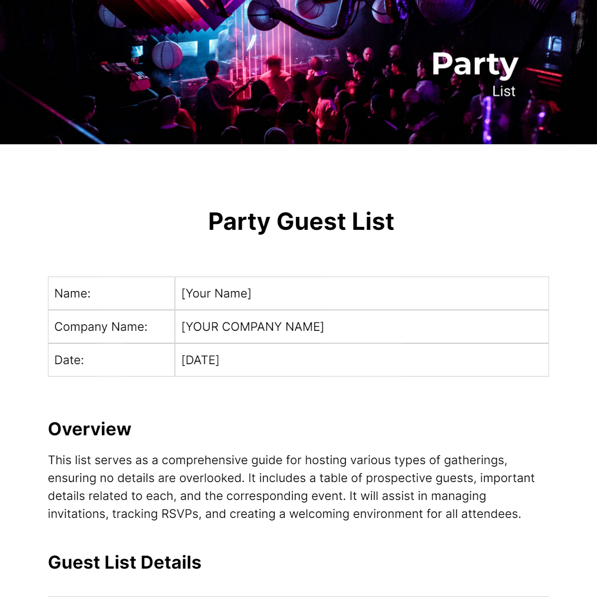 Party List Template