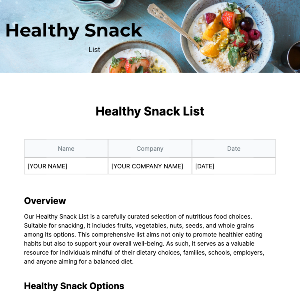 Healthy Snack List Template