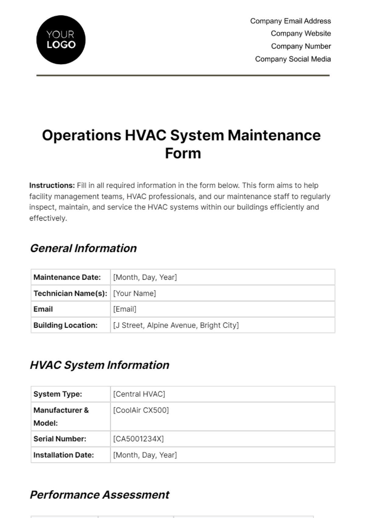Free Operations HVAC System Maintenance Form Template