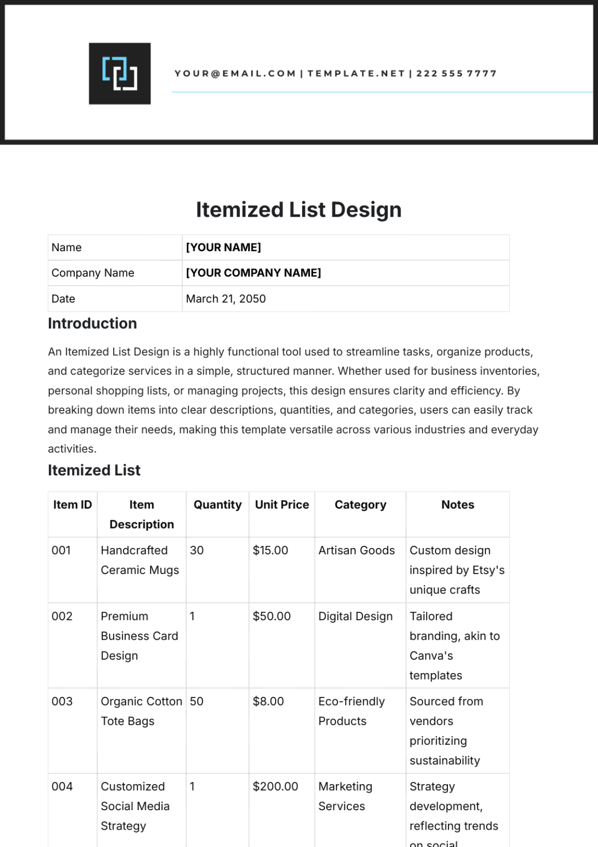 Itemized List Design Template - Edit Online & Download