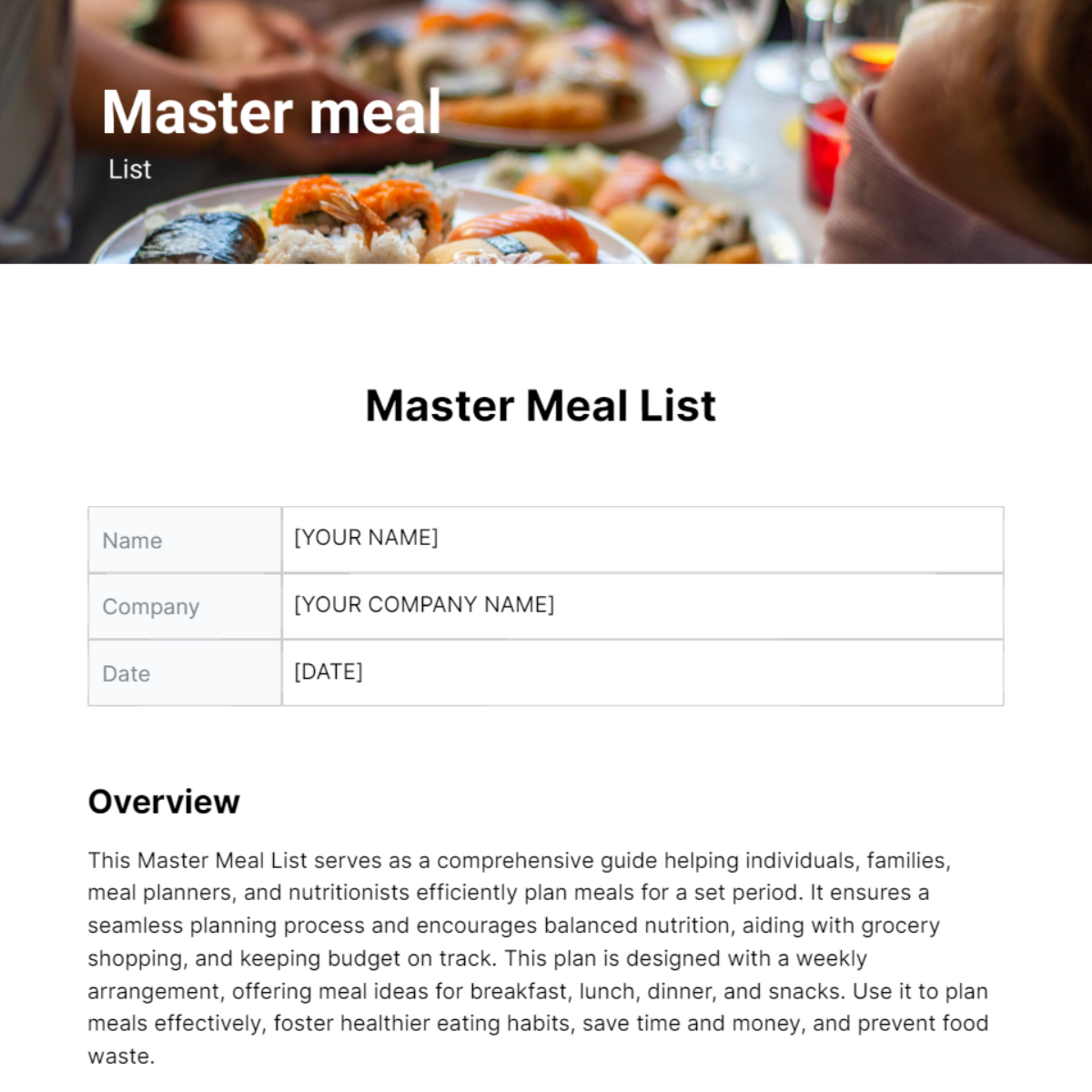 Master Meal List Template - Edit Online & Download