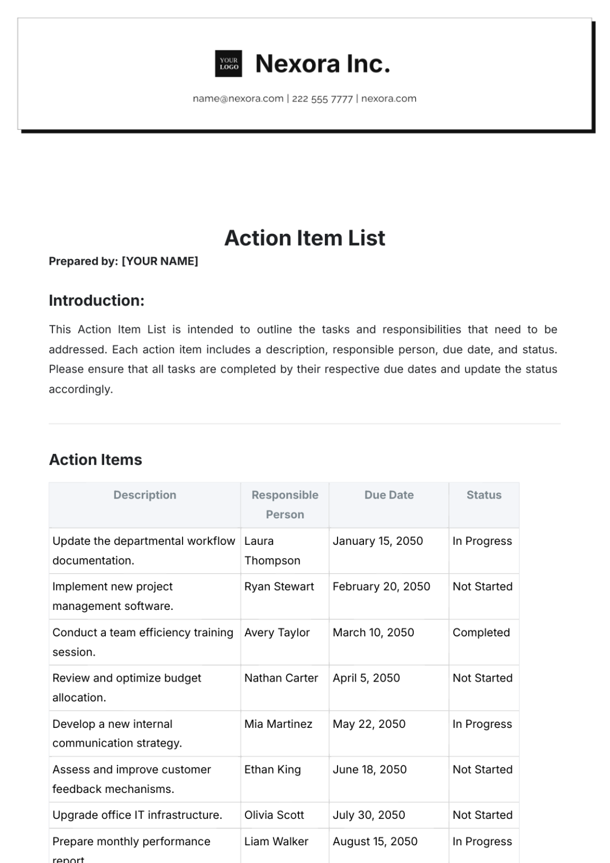 Sample Action Item List Template