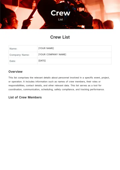 Free Crew List Template to Edit Online