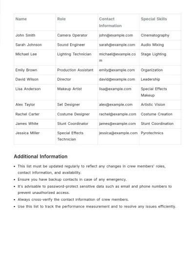 Free Crew List Template to Edit Online