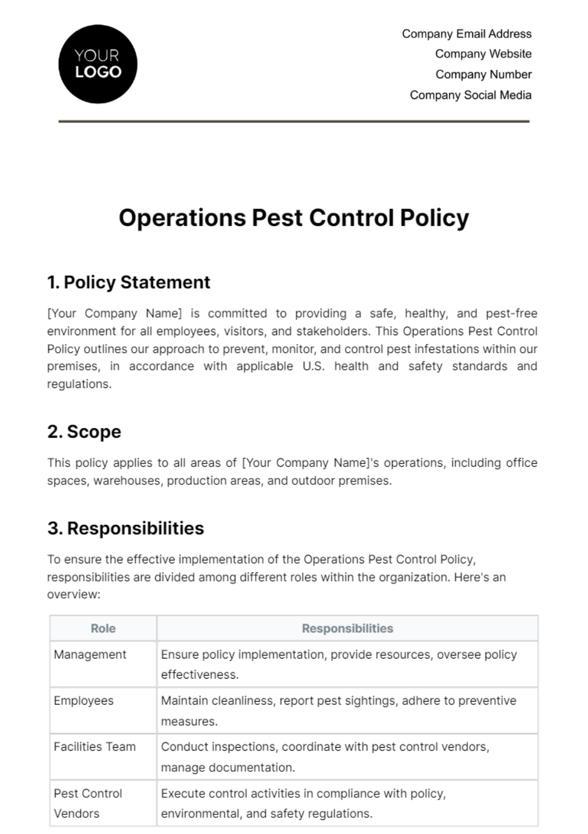 Operations Pest Control Policy Template
