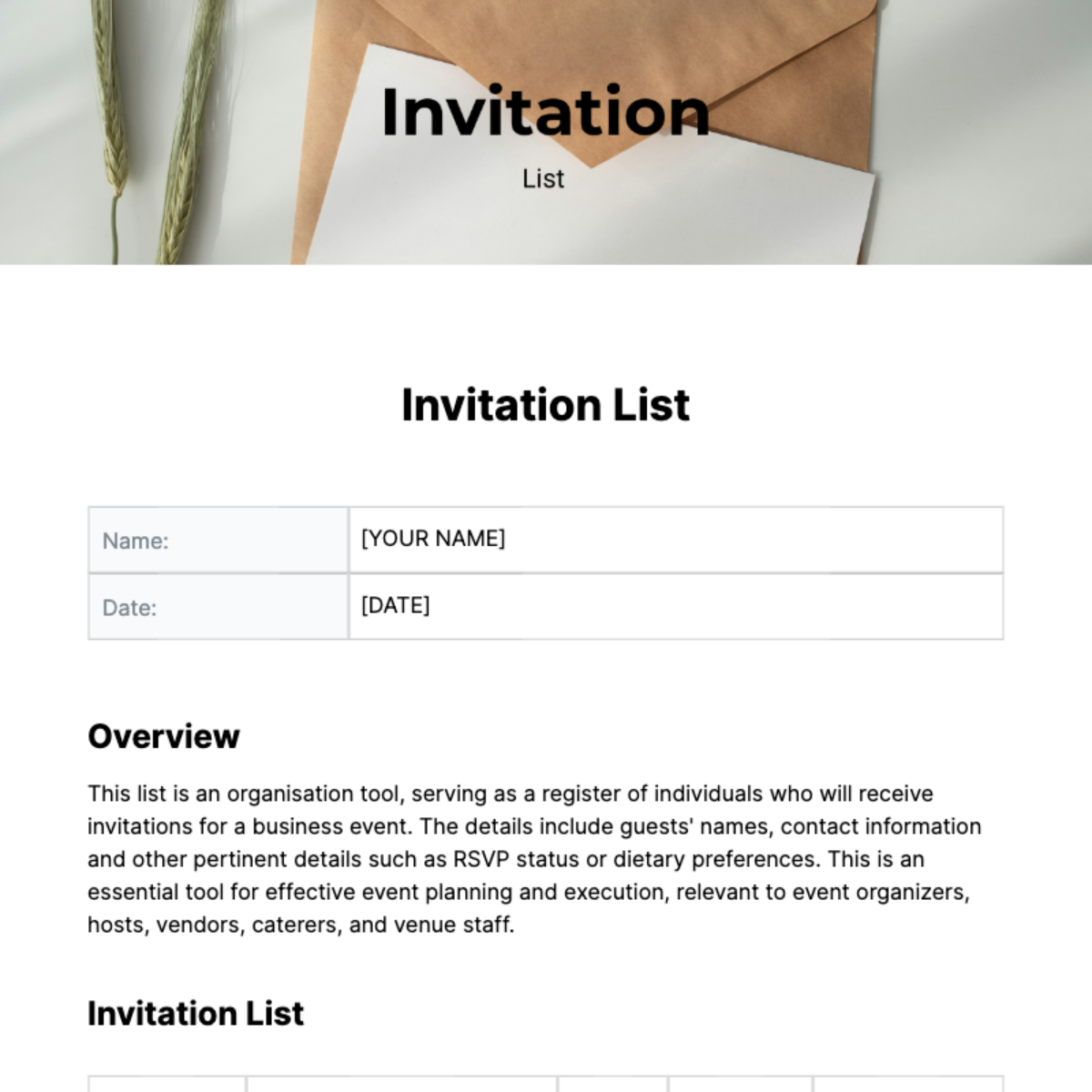 Invitation List Template