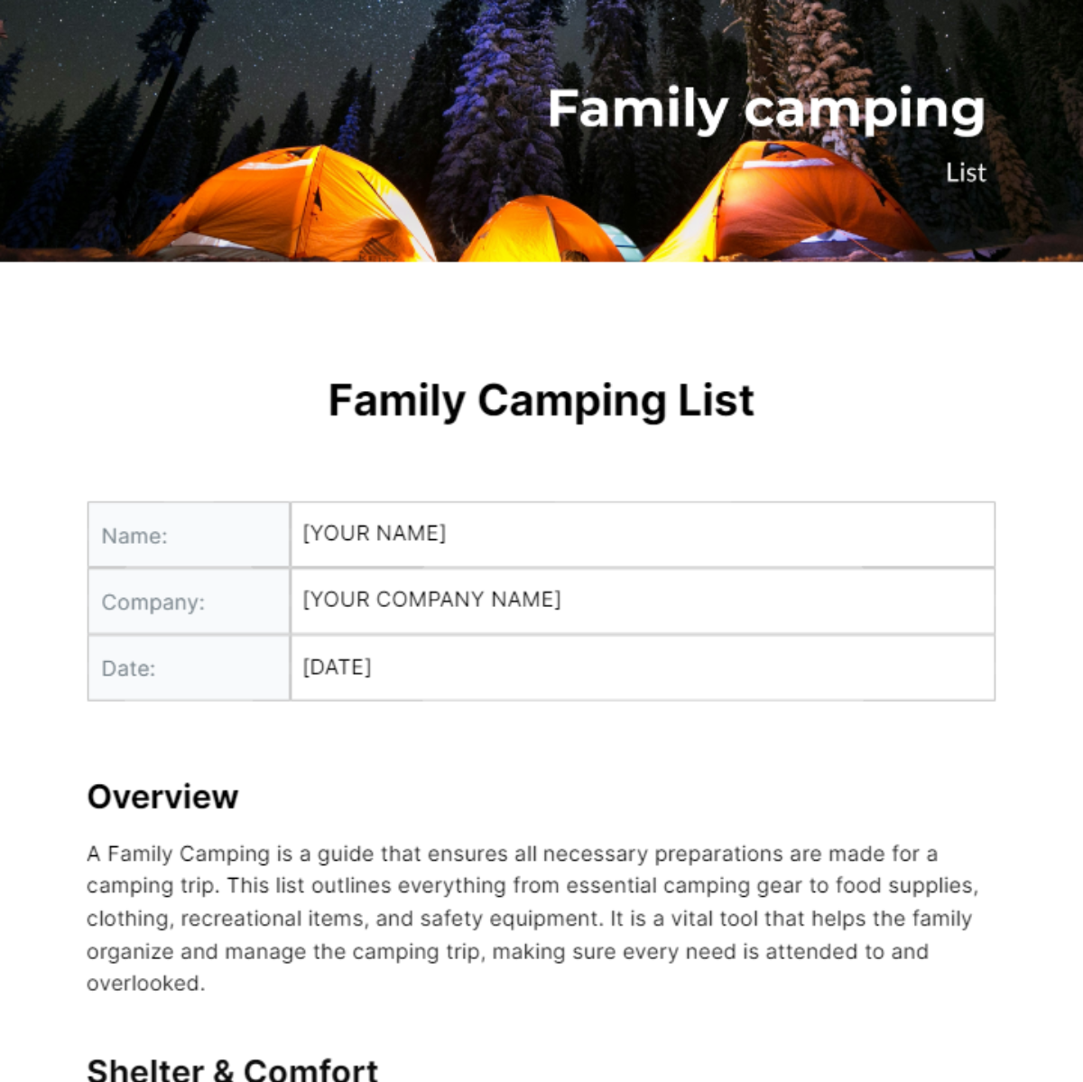 Family Camping List Template