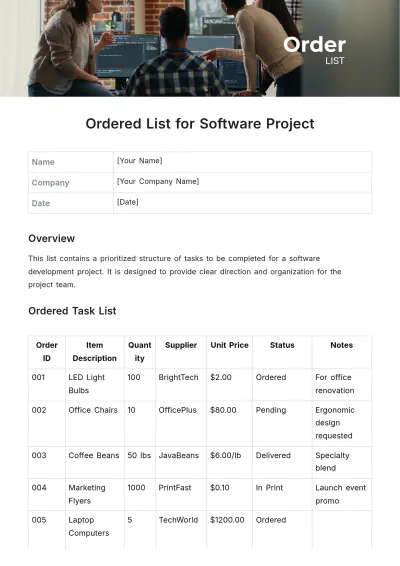 Free Order List Template to Edit Online
