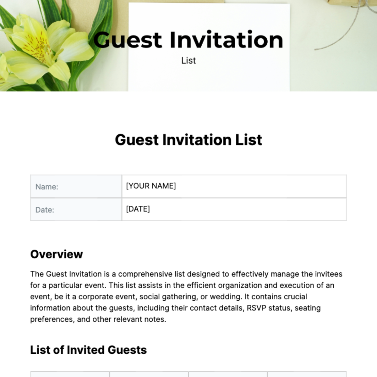 Guest Invitation List Template