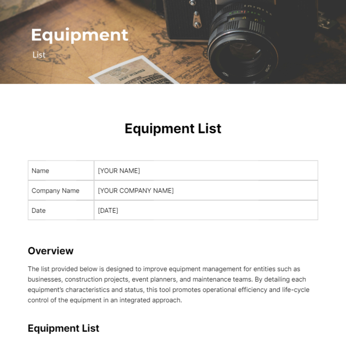 Equipment List Template