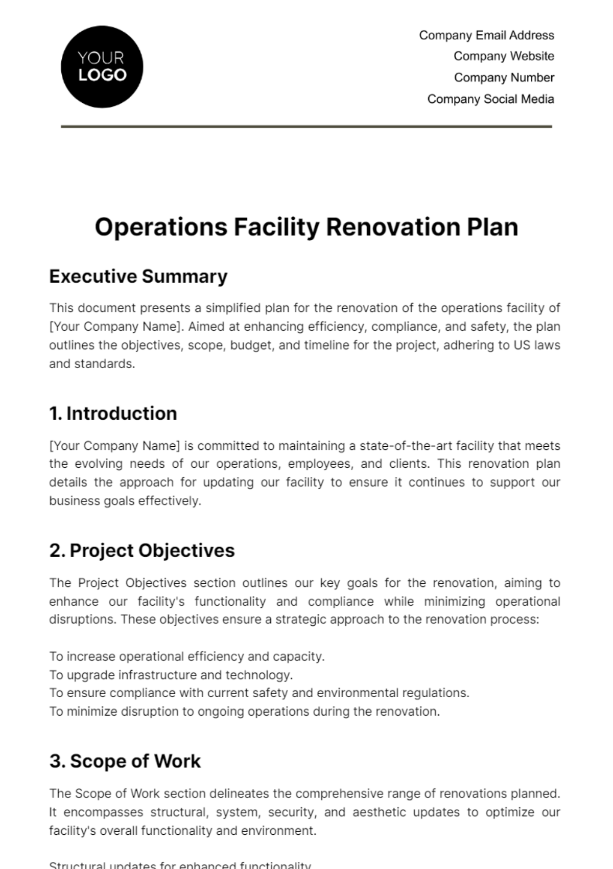 Free Operations Facility Renovation Plan Template