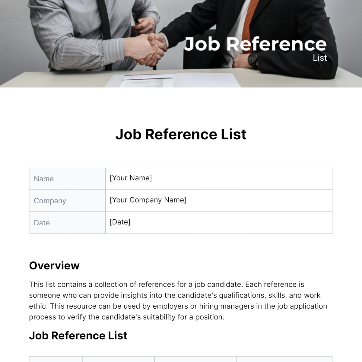 Job Reference List Template