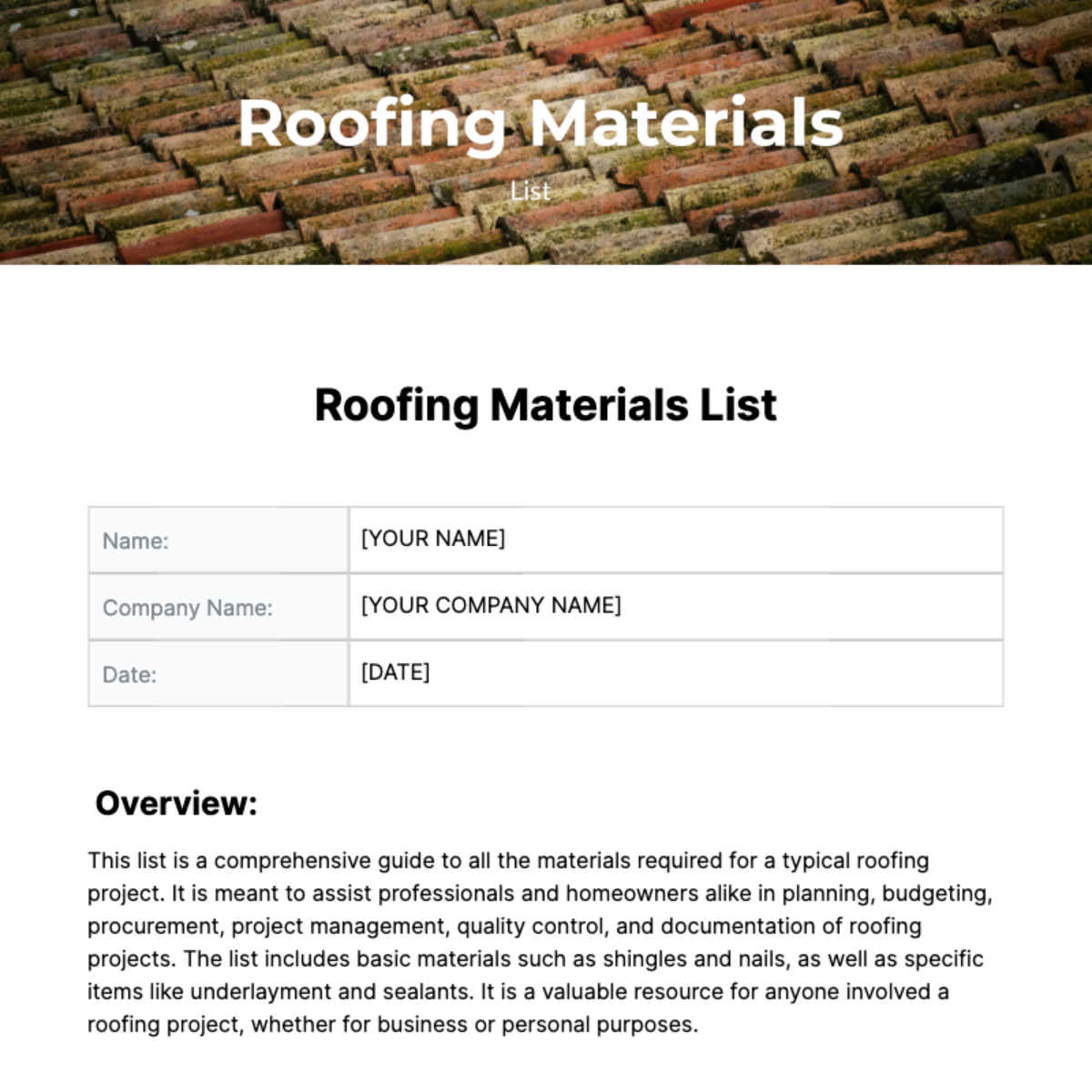 Roofing Material List Template