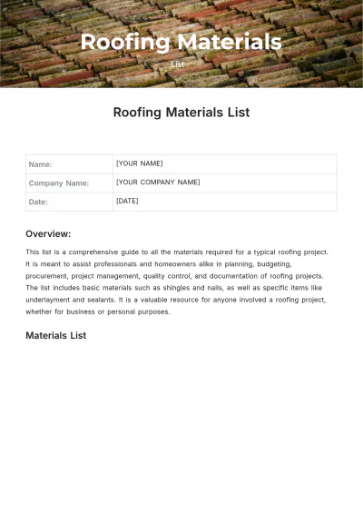 Free Roofing Material List Template to Edit Online