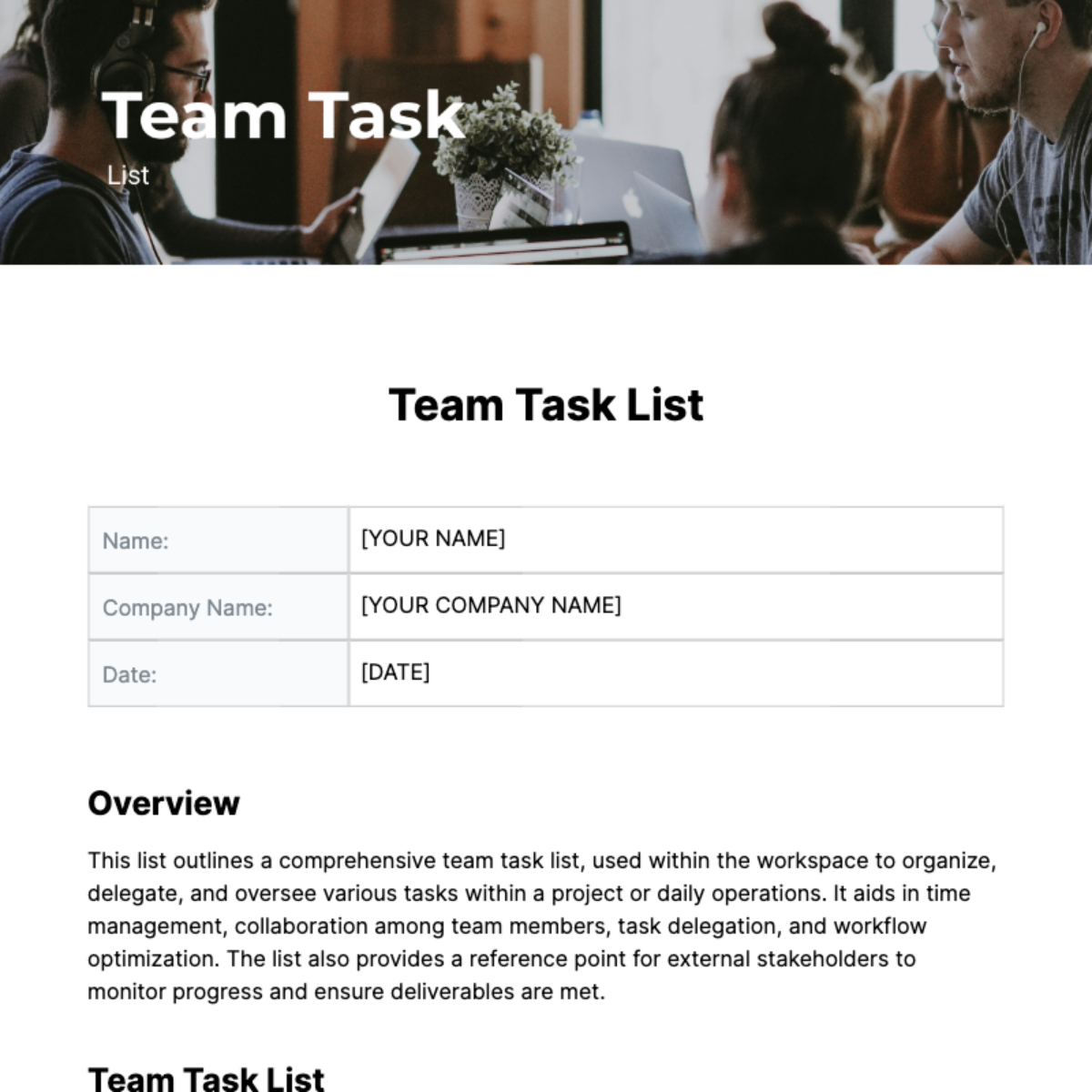 Team Task List Template