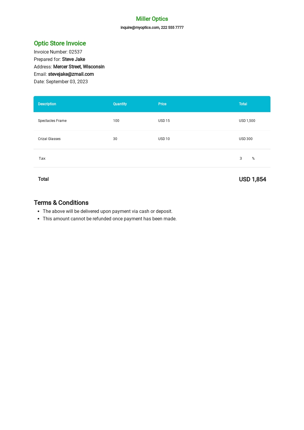 optical store invoice template free pdf google docs google sheets