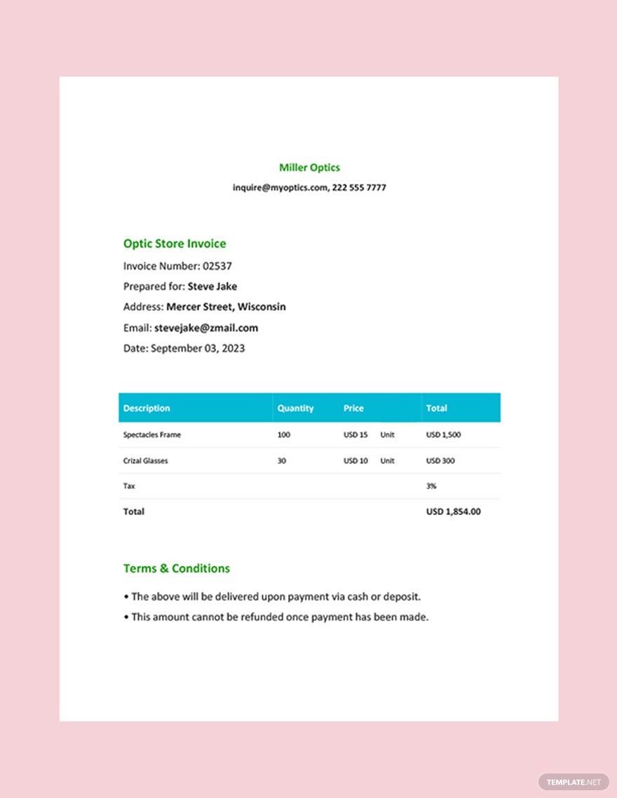 Optical Store Invoice Template in Word, Google Docs, Google Sheets, Illustrator, PSD, Apple Pages