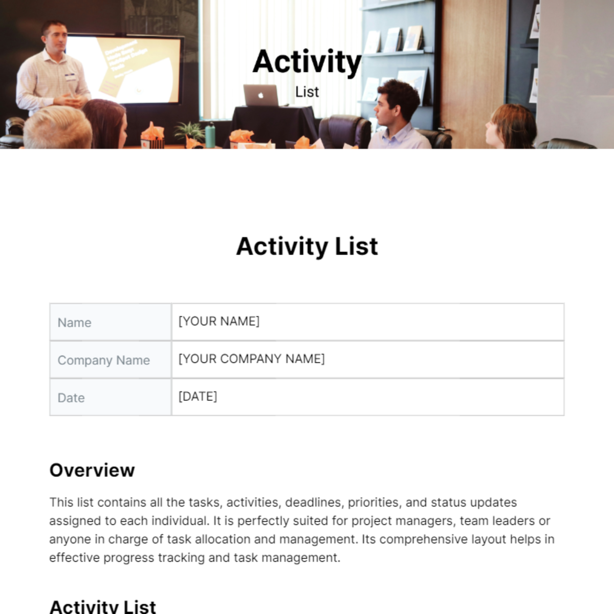 Activity List Template