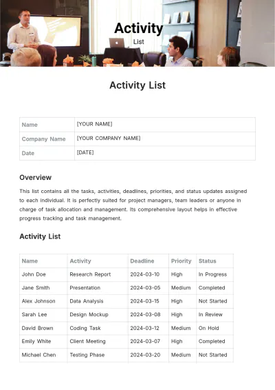 Free Activity List Template to Edit Online