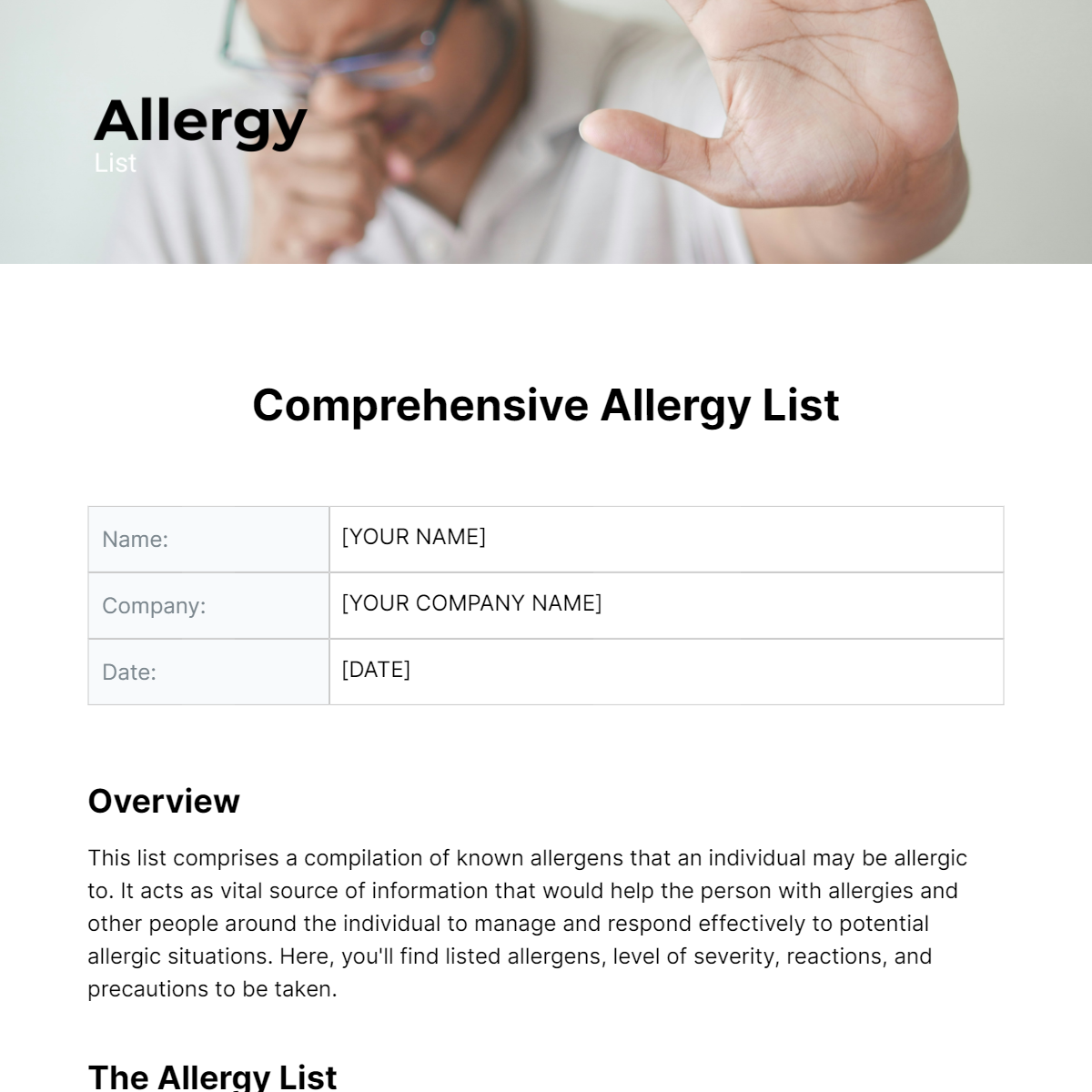 Allergy List Template
