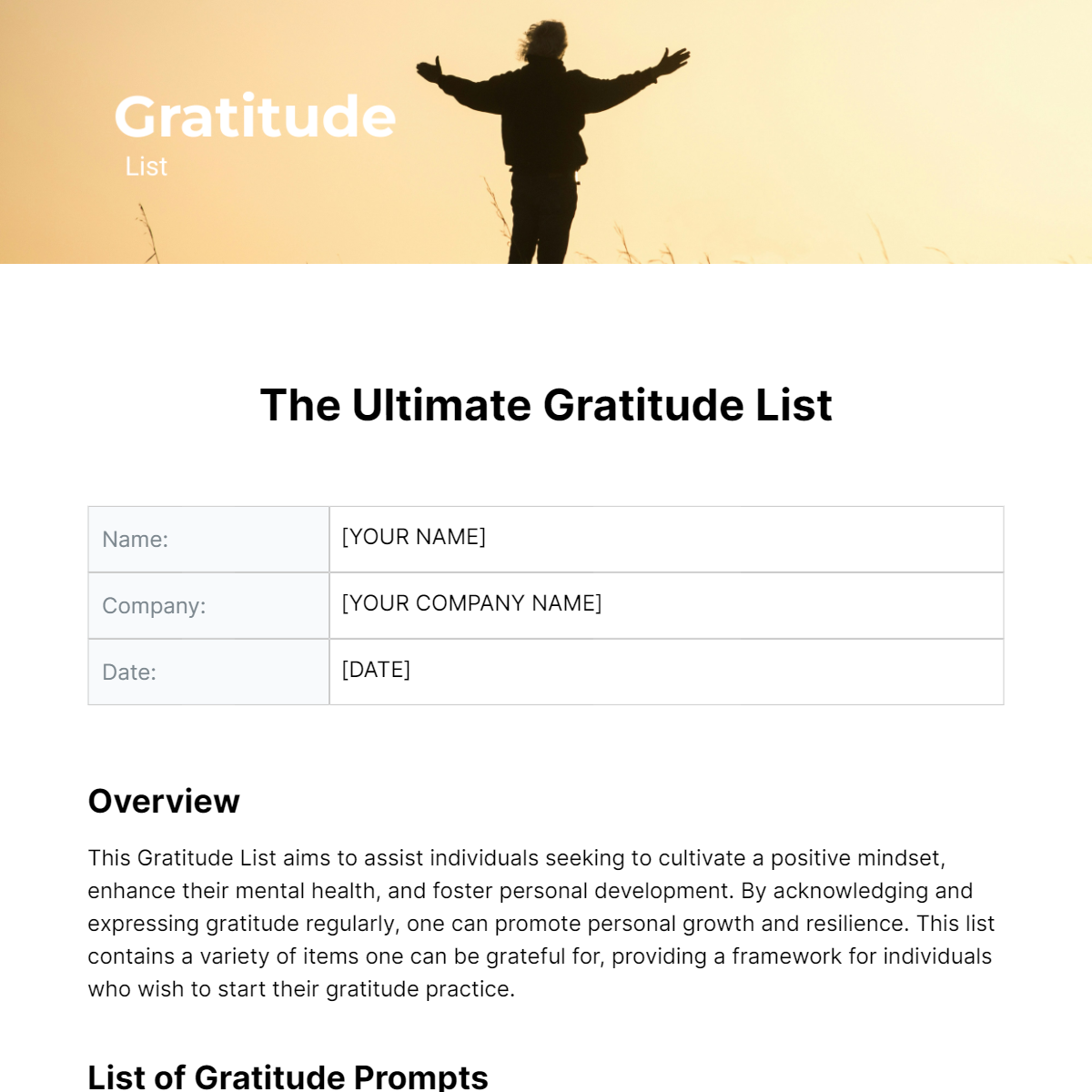 Gratitude List Template