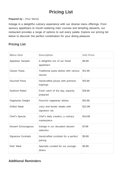 Free Pricing List Template to Edit Online