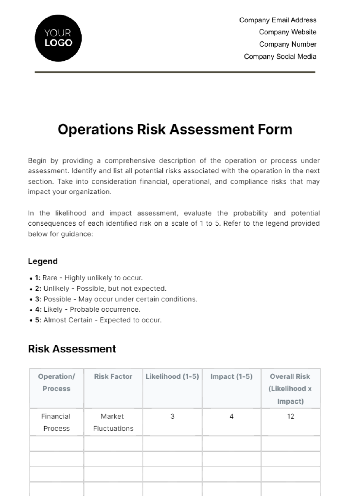 Free Operations Risk Assessment Form Template