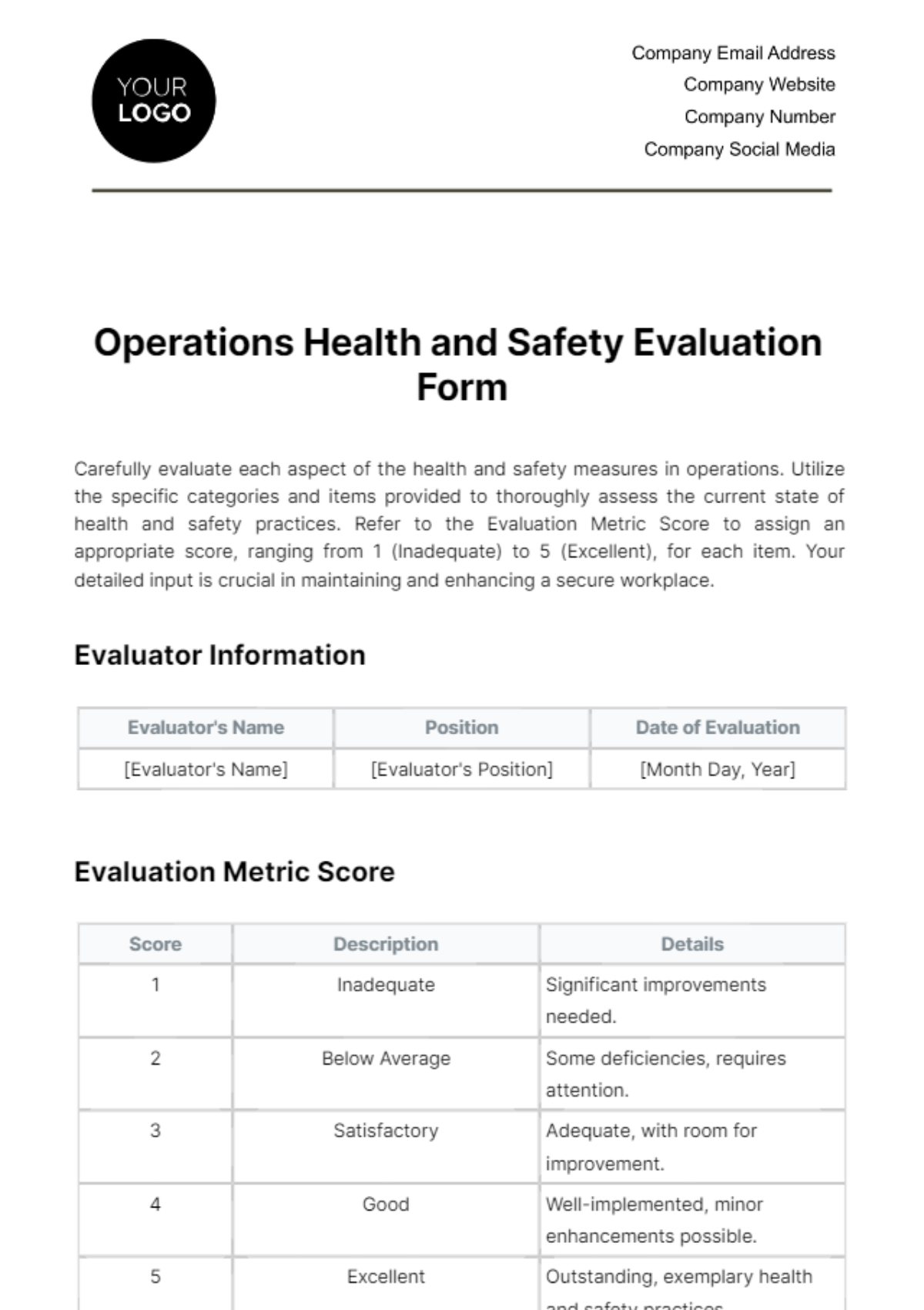 Free Operations Health and Safety Evaluation Form Template