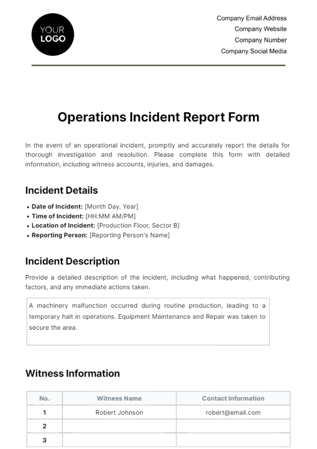 Free Operations Incident Report Form Template