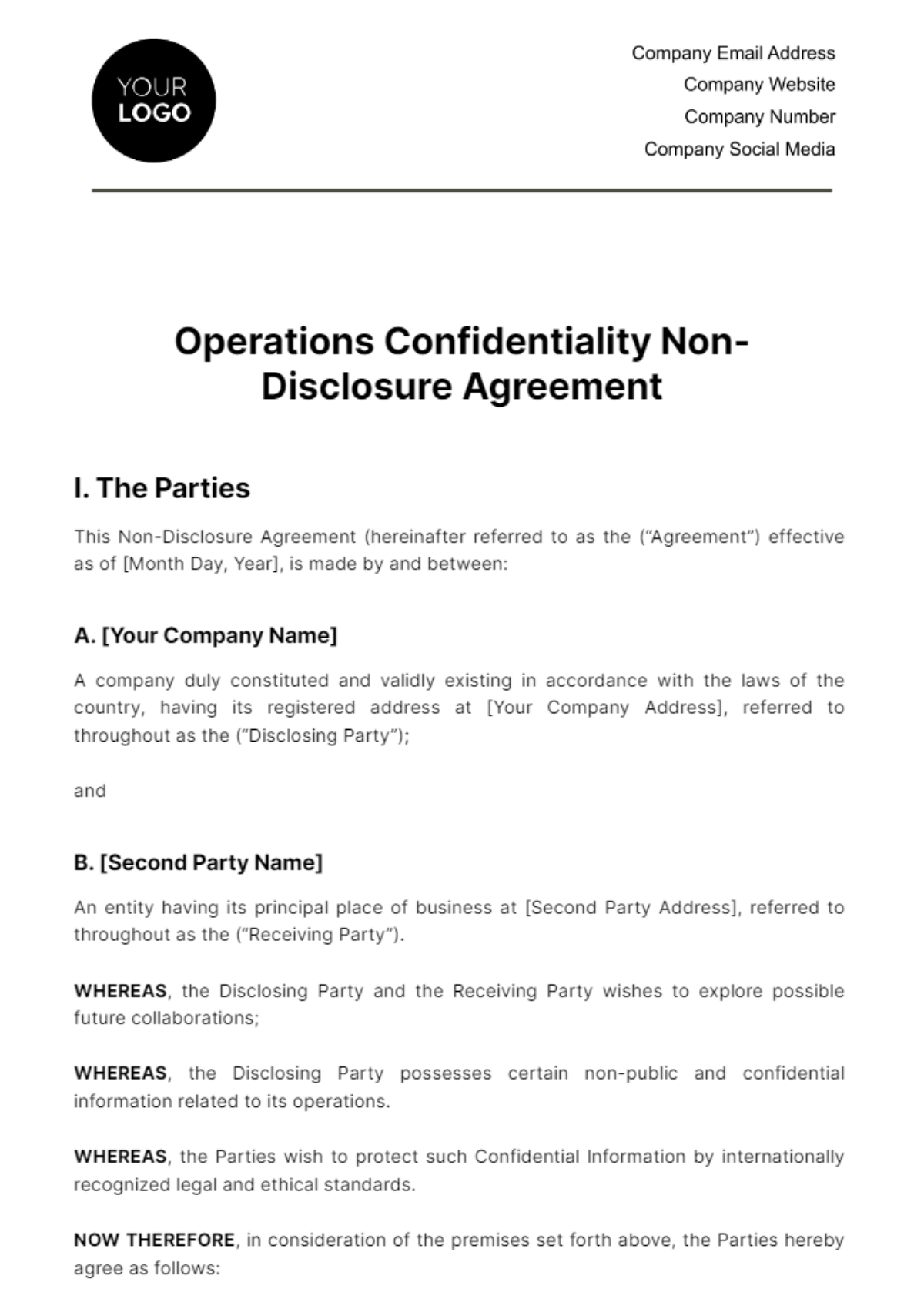 Free Operations Confidentiality (NDA) Agreement Template