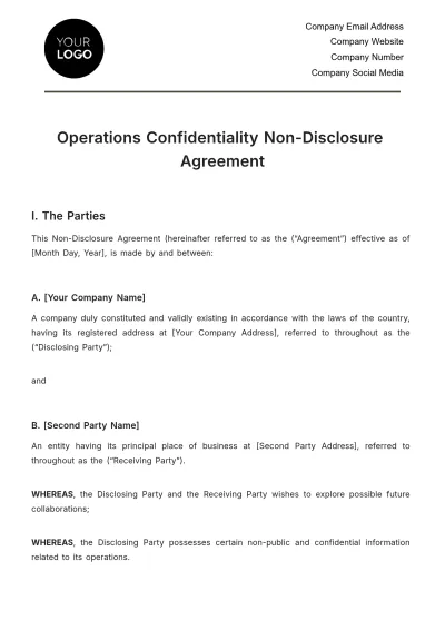 Free Operations Confidentiality (NDA) Agreement Template to Edit Online