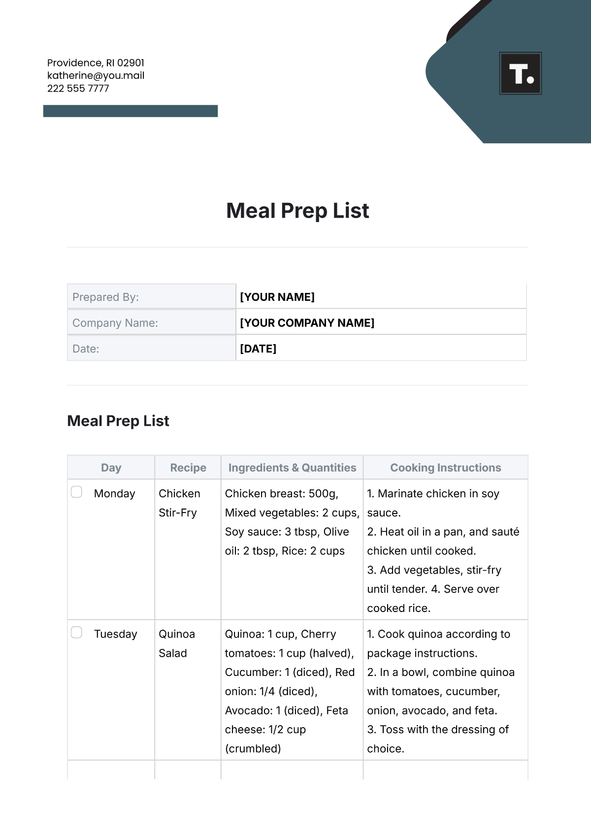 Meal Prep List Template - Edit Online & Download