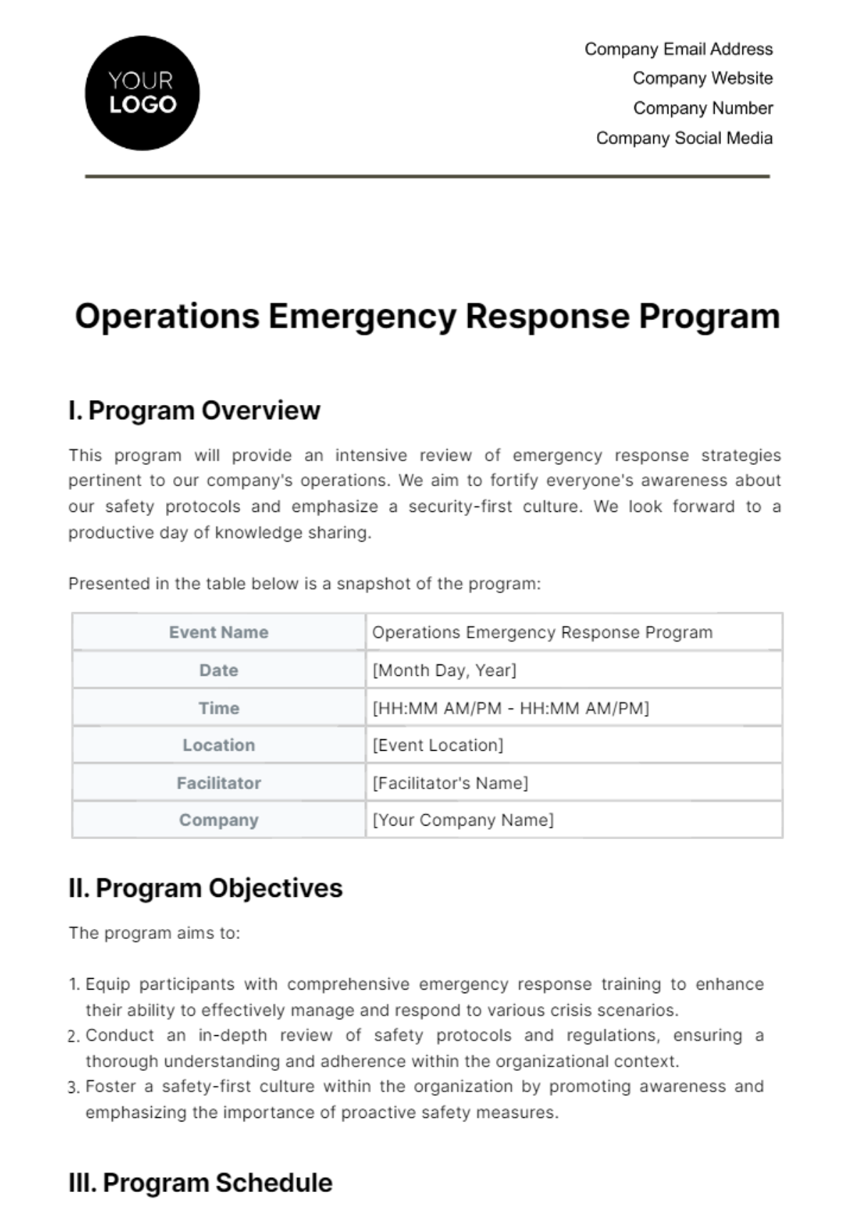 Free Operations Emergency Response Program Template