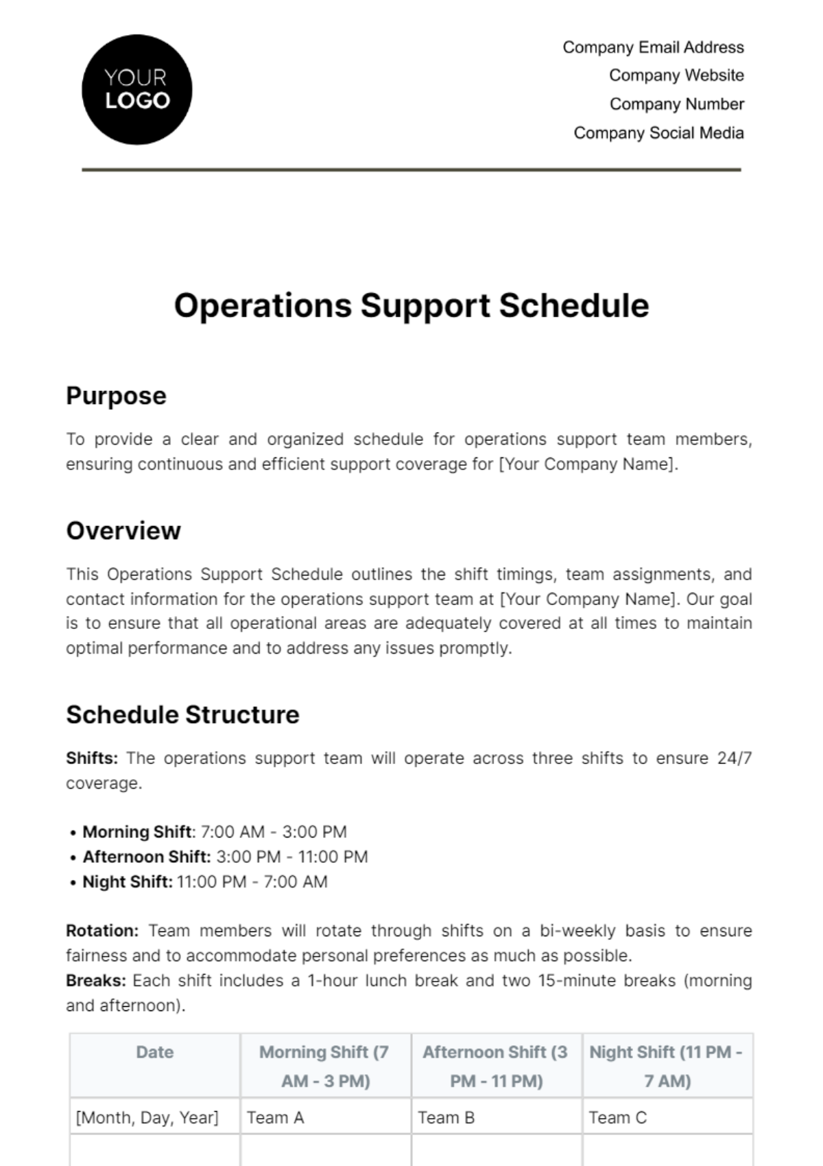 Operations Support Schedule Template