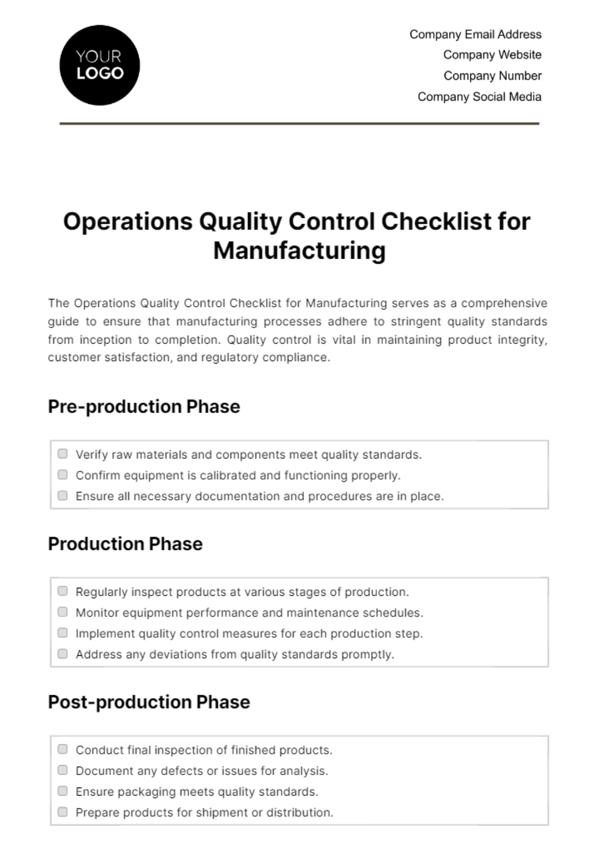 Operations Quality Control Checklist for Manufacturing Template