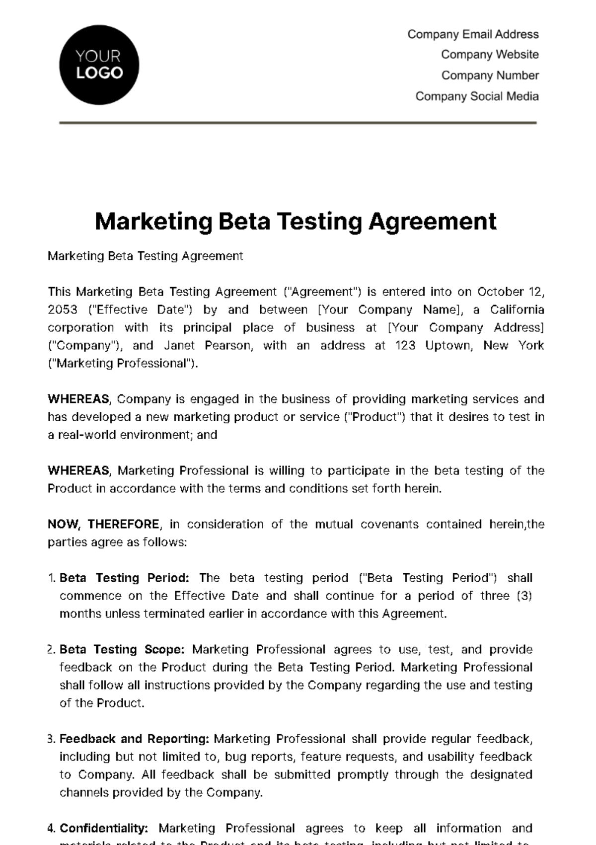 Free Marketing Beta Testing Agreement Template