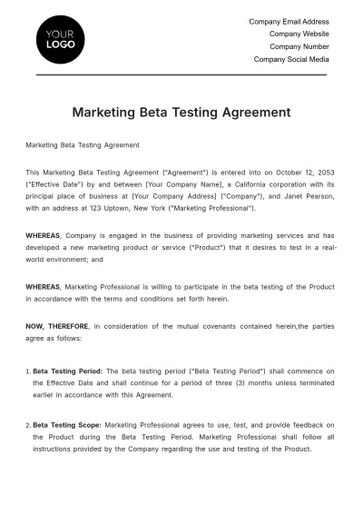 Free Marketing Beta Testing Agreement Template to Edit Online