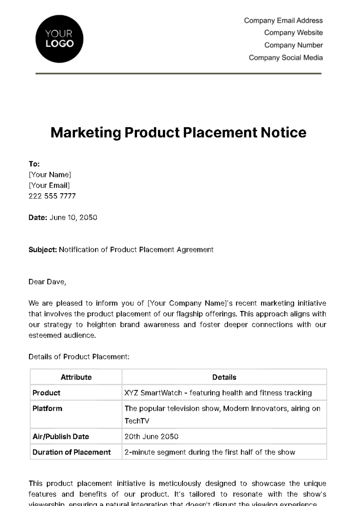 Free Marketing Product Placement Notice Template