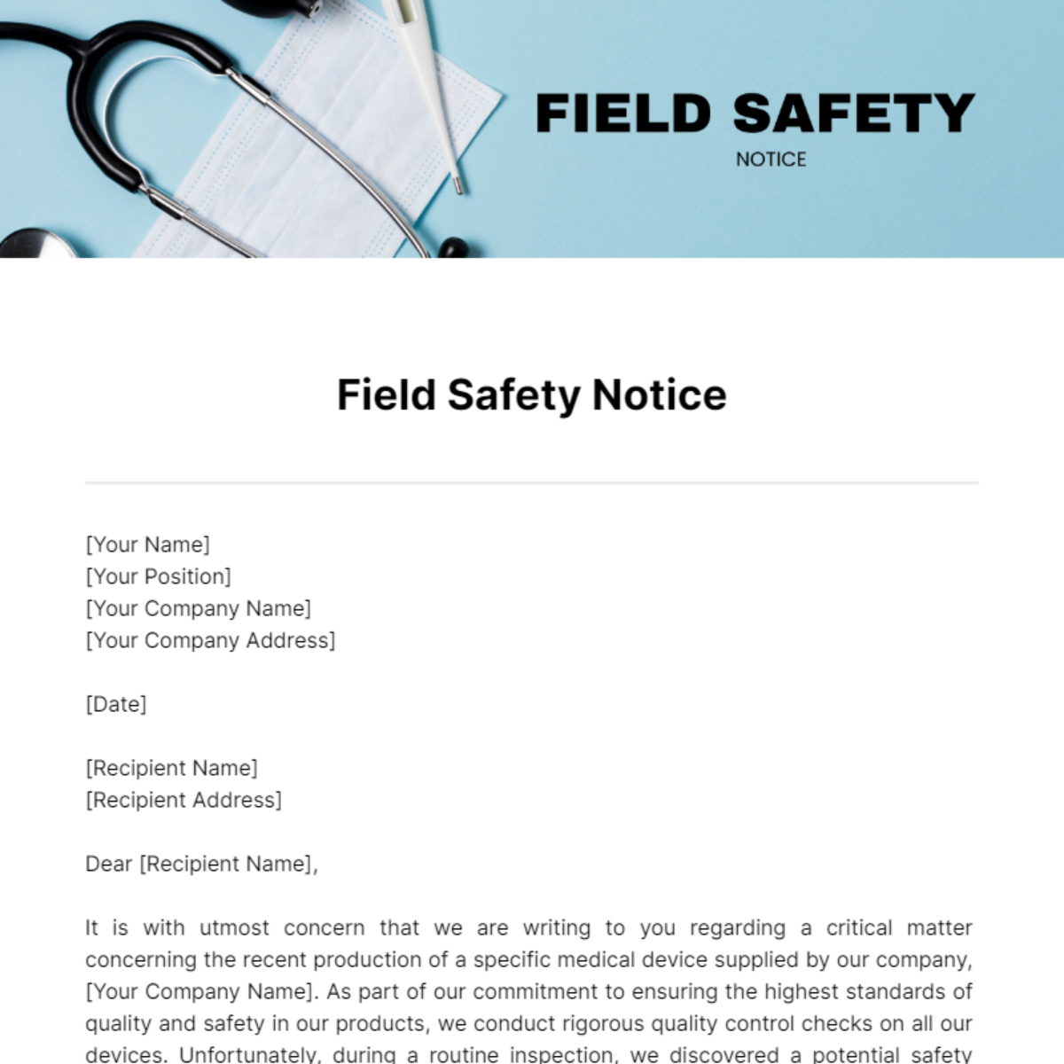 Field Safety Notice Template